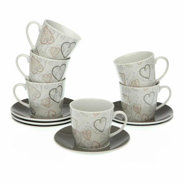 Комплект от 6 чаши за чай с чинийки Versa Cozy сърца Порцелан (6 Части) (9 x 14 x 14 cm)