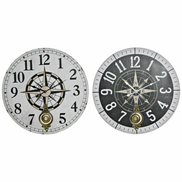 Стенен часовник DKD Home Decor Бял Черен Метал Дървен MDF Компас (2 pcs) (58 x 4 x 58 cm)
