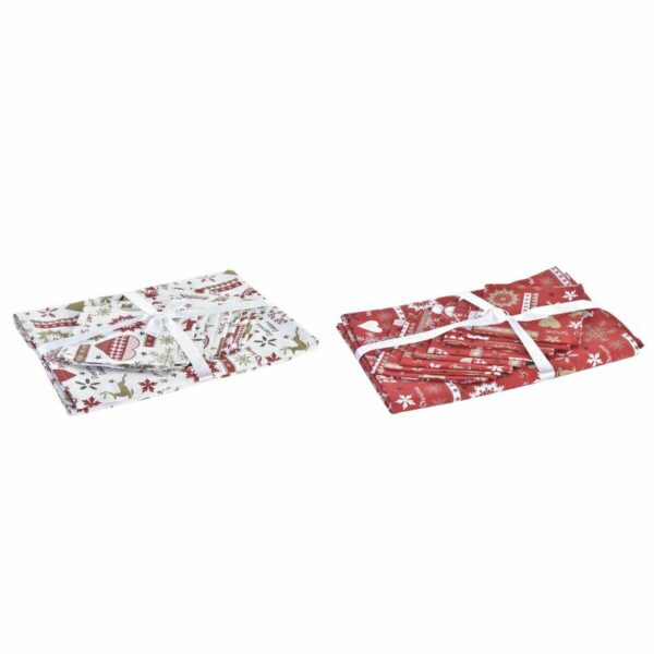 Комплект покривки за маса DKD Home Decor Коледа Червен полиестер Памук Бял (150 x 250 x 1 cm) (2 броя)