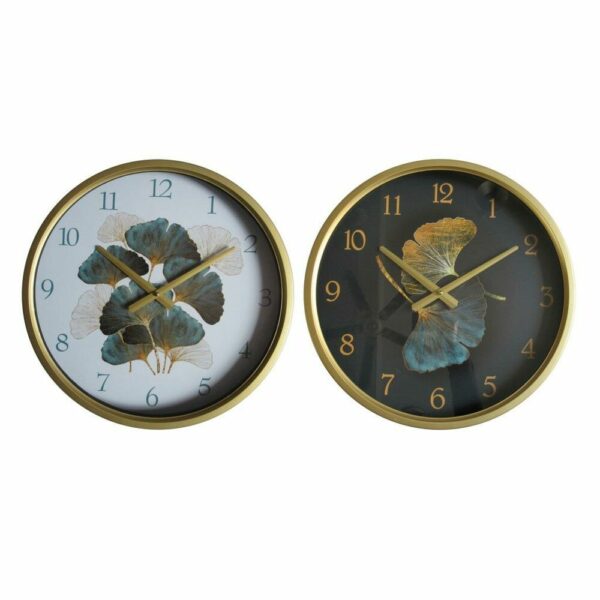 Стенен часовник DKD Home Decor Кристал цвят тюркоаз Бял Желязо Glam Лист на растение (2 броя) (40 x 6 x 40 cm)